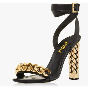 FSJ Black Chain Gold Metal Chain Chunky High Heels Ankle Strap Open Toe Sandals